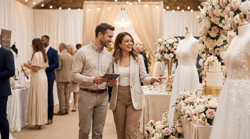 Un couple souriant explore un salon du mariage animé, avec des robes, un gâteau et des décorations florales élégantes. L'homme tient une tablette.