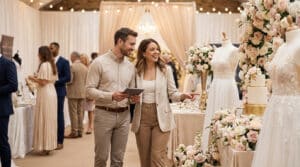 Un couple souriant explore un salon du mariage animé, avec des robes, un gâteau et des décorations florales élégantes. L'homme tient une tablette.