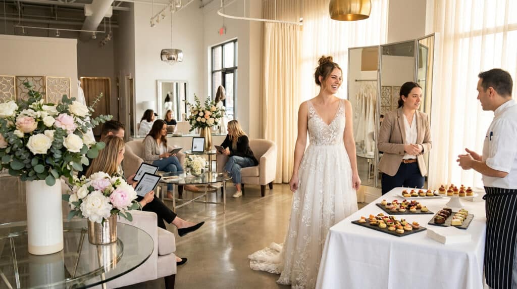 Mariée souriante avec chef et organisatrice, dégustations traiteur, clients consultants dans un salon de mariage lumineux.