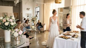 Mariée souriante avec chef et organisatrice, dégustations traiteur, clients consultants dans un salon de mariage lumineux.