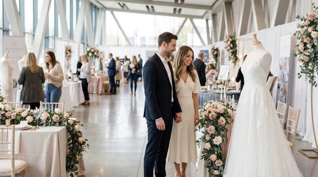 Couple souriant et élégant tenant la main lors d'un salon du mariage. Robe de mariée, décorations florales et visiteurs en arrière-plan.