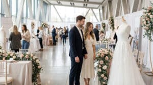 Couple souriant et élégant tenant la main lors d'un salon du mariage. Robe de mariée, décorations florales et visiteurs en arrière-plan.