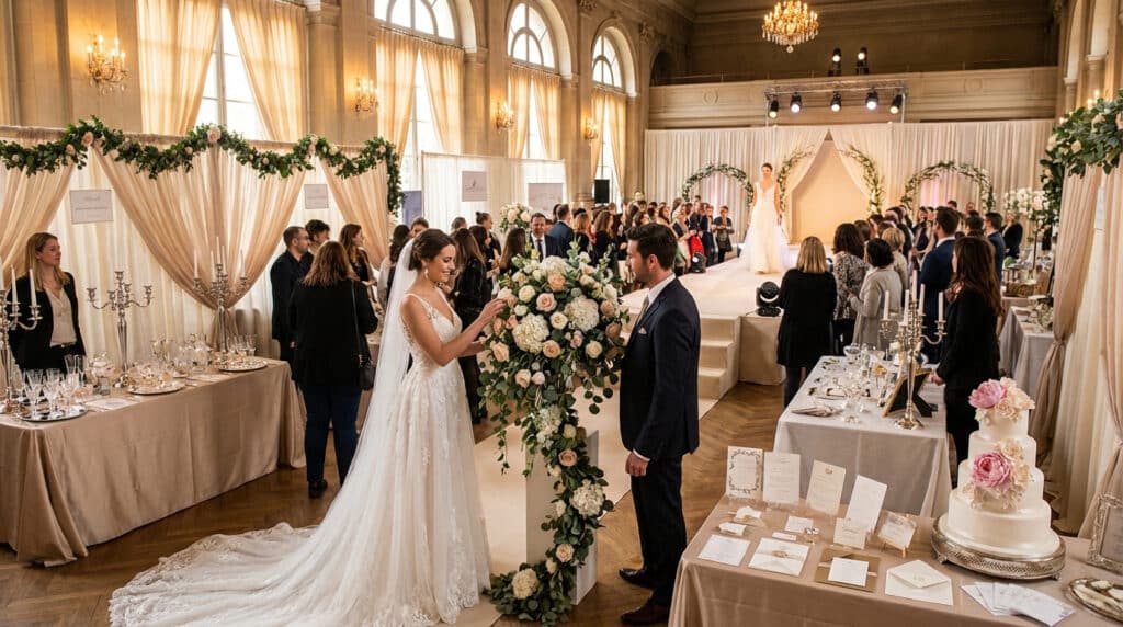 Vaste salon du mariage élégant : mariés devant un arrangement floral, stands, défilé de robes, foule de visiteurs.