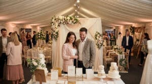 Un couple souriant découvre des invitations lors d'un salon du mariage animé, entouré de décors floraux et de tables élégantes.