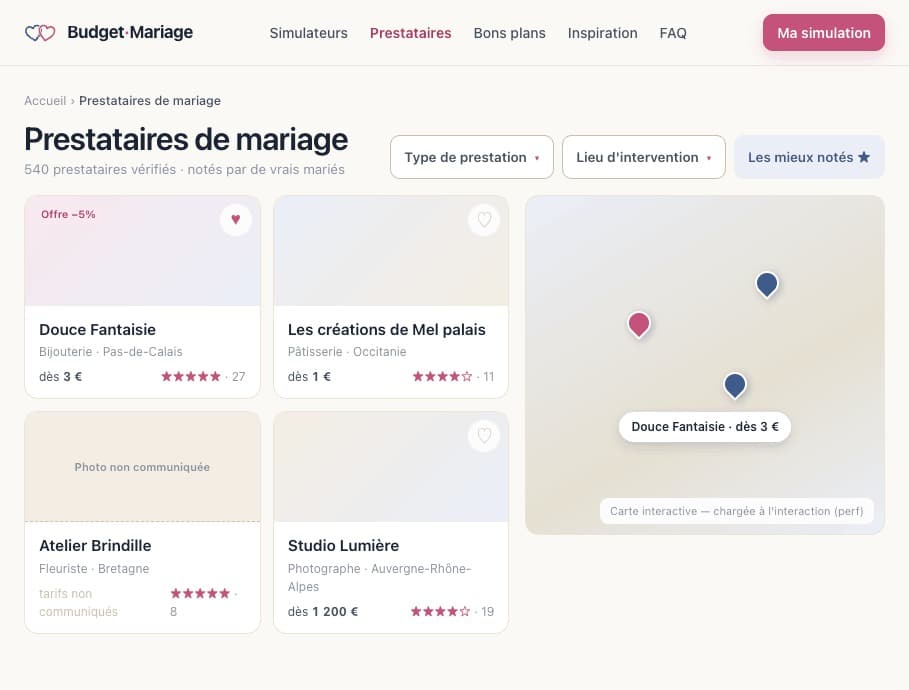 Annuaire des prestataires de mariage de notre réseau, notés par de vrais mariés